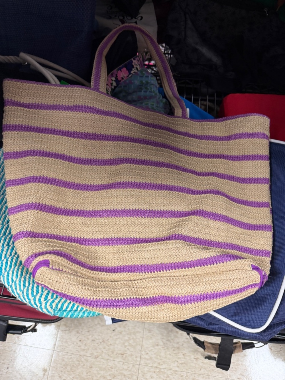 Vera Bradley Tan and Purple Striped Floral Crab Tote - Picture 2 of 3